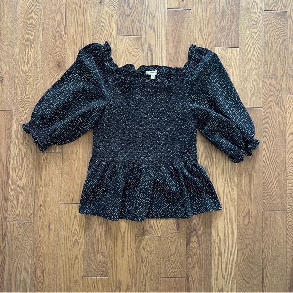 Max Studio Black White Polka Dot Smocked Peplum Blouse Puff Sleeve Top - Picture 1 of 8